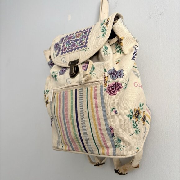 Carter’s Vintage Canvas Drawstring Backpack Cream Floral and Stripe Pattern - Picture 4 of 13